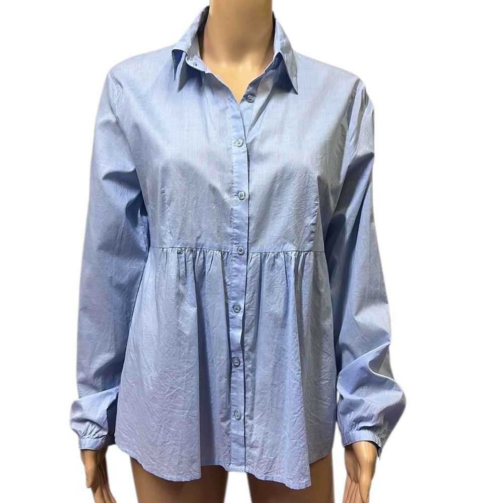Ninety Cotton Pleated Peplum Button Up Collared Long Sleeve Blue Blouse Large